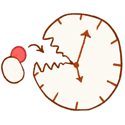 a drawing of a clock with sharp teeth putting a pink circle in its mouth. there is a small arrow pointing from the circle to the mouth.